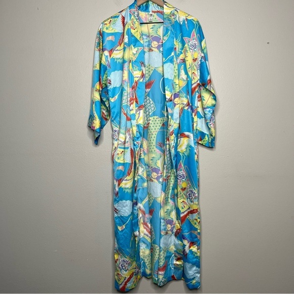 Natori Women Kimono Robe Medium‎ Satin Longline Duster Floral Crane Blue Yellow - Picture 1 of 9